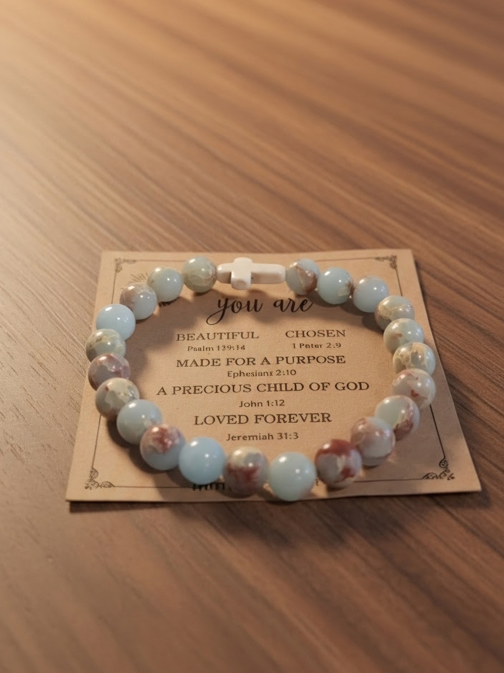 Light Blue and Peach Beaded Cross Bracelet — Inspirational Wrist Jewelry